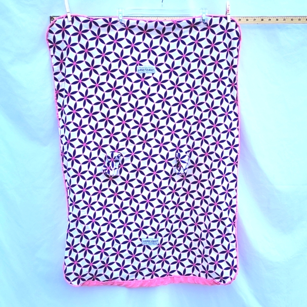 Baby girl's Carseat Canopy, pink blue w pink buttons, pink dotted Minky on back